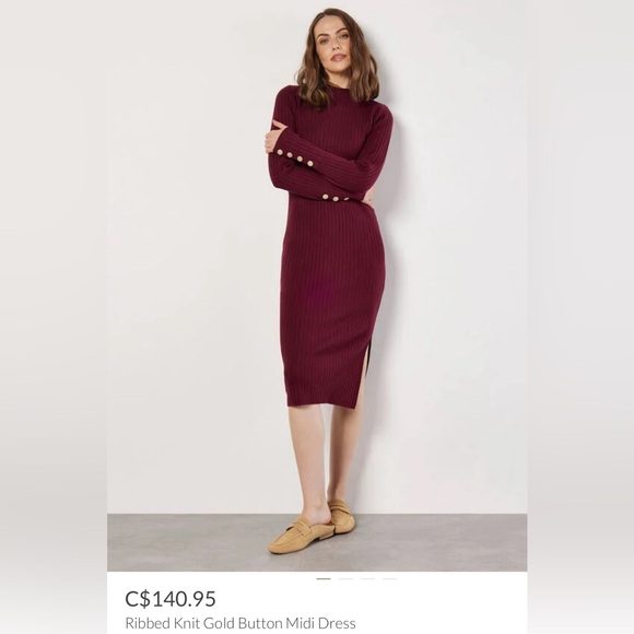 🔥SO ♥️🔥 Apricot - Ribbed Knit Gold Button Midi Dress - Picture 5 of 5